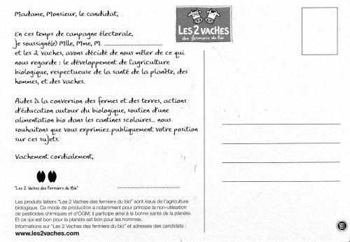 Carte postale publicitaire Les 2 Vaches (Danone, 2007), verso